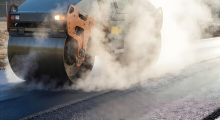 Heavy machinery compacting asphalt on a new road construction project, steam rising from the hot surface