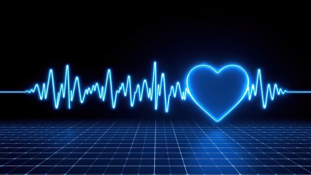 Blue neon heartbeat line with heart shape on grid background in dark abstract illustration