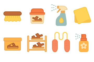 Sandal Care Icons. Flat vector mini-illustrations sandal care in colors children's illustrations: cleaning brush, shoe polish,