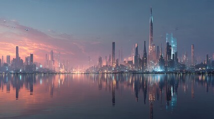Fototapeta premium Futuristic Cityscape with Illuminated Skyscrapers and Flying Vehicles in Hazy Urban Atmosphere