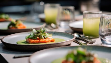 Gourmet salmon dish on a plate, garnished with herbs and sauces, alongside other plates and drinks on a table