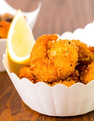 Crispy fried shrimp in a paper bowl with lemon