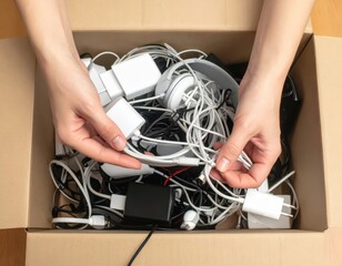Hands sorting through a messy box of electronic cables and chargers, tidying up.