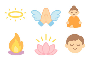 Spiritual Icon Grid. Flat vector mini-illustrations spiritual presence in colors children's illustrations: glowing halo, angel