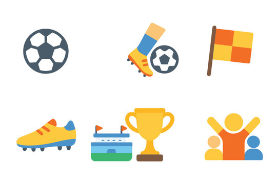 Soccer Icon Set. Flat vector mini-illustrations soccer kicks in colors children's illustrations: soccer ball, kicking foot, goal