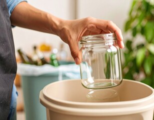 A person recycles a glass jar, promoting environmental consciousness and responsibility.