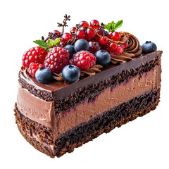 Delicious chocolate cake slice with fresh raspberries blueberries and red currants perfect for dessert lovers and celebrations on transparent background