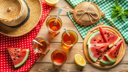 sun kissed summer picnic flat lay with watermelon slices
