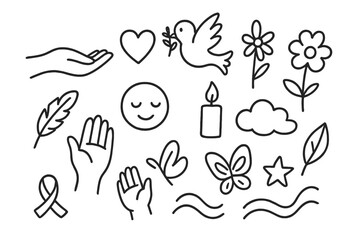 Symbols of Gentle Compassion. Hand-drawn doodle illustration quiet compassion hand reaching out, heart, dove, flower, feather,