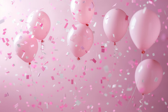 Pink Balloons and Confetti on a Pink Background