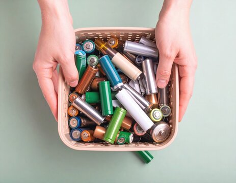 Person holding a basket full of used batteries for recycling, promoting environmental responsibility.