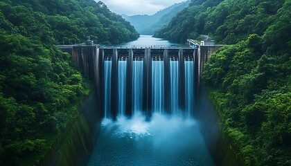 Hydroelectric dam with waterfall integration in lush green forest renewable power clean energy generation blue-green misty mood