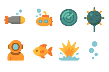 Underwater Icons Adventure. Flat vector mini-illustrations underwater missiles in colors children's illustrations: torpedo,
