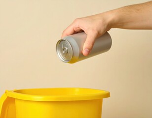 A person's hand putting an aluminum can into a yellow recycling bin.