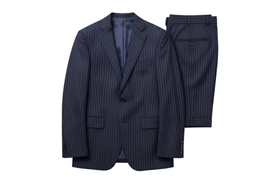 Navy Blue Pinstripe Suit Jacket and Pants on White.