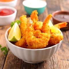 Crispy fried shrimp in a bowl with sauces