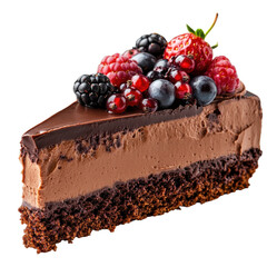 Delicious chocolate cake slice topped with fresh berries perfect for dessert menus and bakery promotions and culinary blogs on transparent background