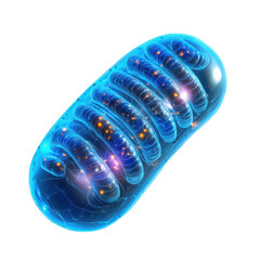 Detailed 3D rendering of a mitochondrion showcasing its internal structure and energy production processes for scientific study on transparent background