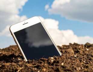 Smartphone partially buried in the ground under a beautiful blue sky.