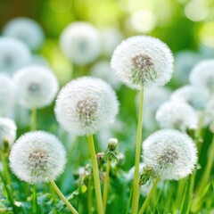 Obraz premium Fluffy dandelion seed heads in a sunlit meadow