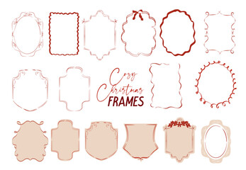 Fototapeta na wymiar Collection of cozy hand-drawn Christmas frames in festive red tones. Perfect for holiday cards, labels, tags, and invitations.