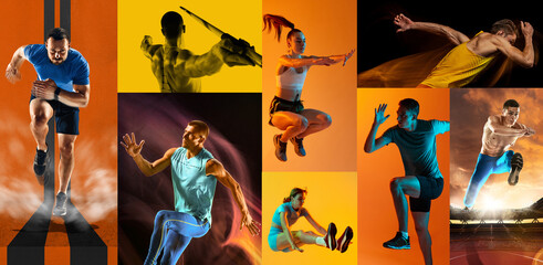 Collage of sprinters, hurdlers, and javelin athletes with dramatic neon light effects. Concept of...