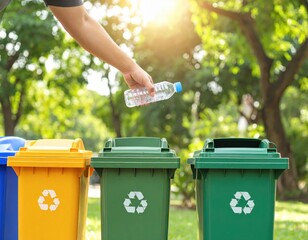 A person carefully puts a plastic bottle into the recycling bin in the park to help with the environment.