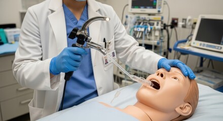 A medical professional performing a procedure on a mannequin in a hospital setting.