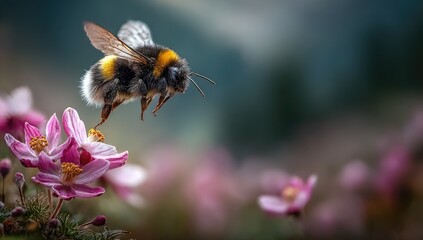 Fuzzy bumblebee in flight, landing on a pink flower