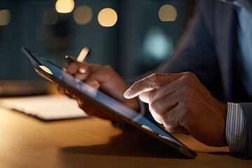 Close-up of hands using a tablet at night