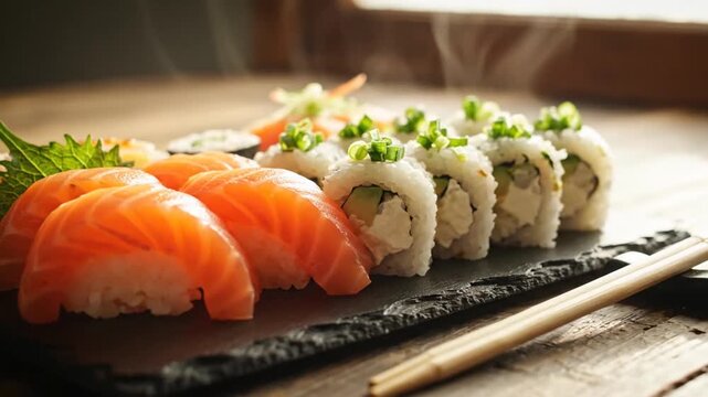 Close Up of Fresh Salmon Nigiri and California Rolls on Black Stone Plate with Wooden Chopsticks Restaurant Setting Delicious Japanese Cuisine Warm Natural Lighting Perfect for Food Blog 200mm
