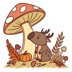 Naklejka premium Creative SVG: Happy Moose with under a mushroom in a Harvest Blessings colored Thanksgiving theme