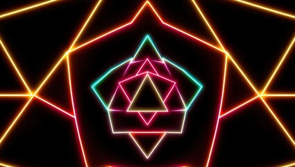 Neon geometric shapes in a kaleidoscopic pattern with vibrant colors on a dark background
