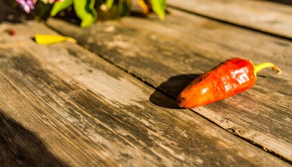 Red chili pepper on weathered wooden planks