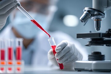 Scientist in lab coat, wearing gloves, drips red liquid into test tube, near microscope