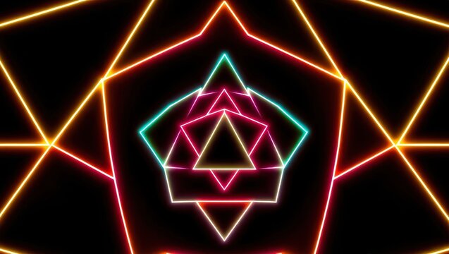 Neon geometric shapes in a kaleidoscopic pattern with vibrant colors on a dark background