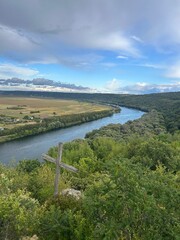 Fototapeta premium Scenic Dniester River Valley with Wooden Cross in Moldova