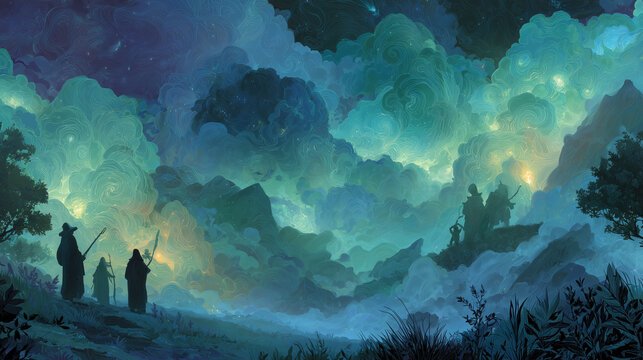 A surreal, dreamlike landscape representing the collective unconscious, with glowing Jungian archetypal figures.