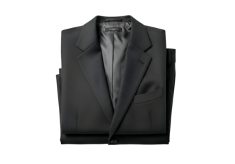 Folded Black Suit Jacket and Pants on White.