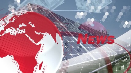 Animation of globe and news over solar panels - Powered by Adobe