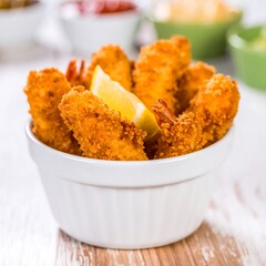 Crispy fried shrimp in a white bowl, lemon slice