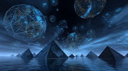 Dark, empty world Minimalistic virtual Futuristic reality with geometric shapes and floating structures, bright light source, floating, smooth gradient, Empty digital world with softly lit clean lines