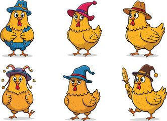 Cute cartoon chicken wearing funny hats, adorable farm animal illustration for children, fantasy costume design, kids drawing, vector art, mascot
