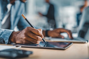 Close-up of a person's hand using a stylus on a tablet, with a laptop in the background