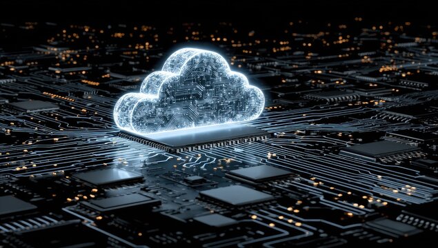 Glowing cloud icon on a circuit board