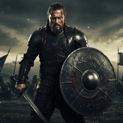 A warrior with a sword and a shield in battlefield