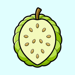 Half sliced sugar apple with green rind and light seeds illustration