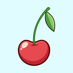 Cartoon cherry with a leaf on a light blue background illustration