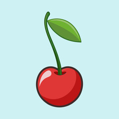 Cartoon drawing of a single red cherry with a green leaf