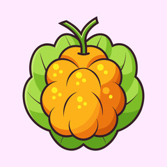 Cartoon illustration of a yellow colored cloudberry fruit with green leaves